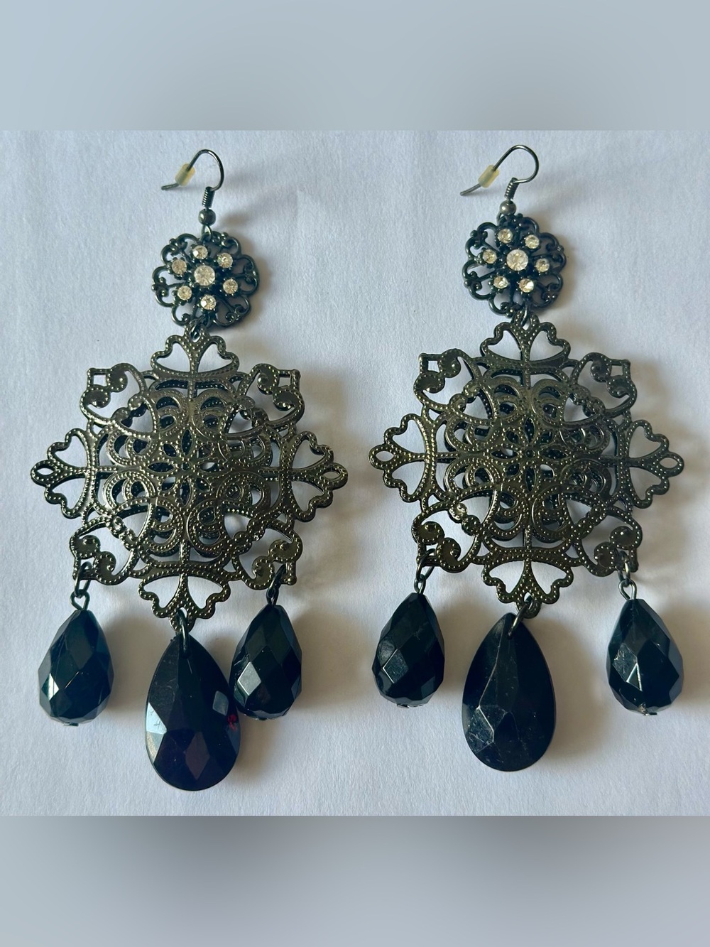 Black Filigree Teardrop Dangle Earrings - Brand: